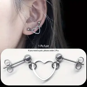 1pc Simple Stainless Steel Heart Double Stud Earrings for Women Perfect for Cartilage Tragus Lobe Daith Conch Helix Piercings