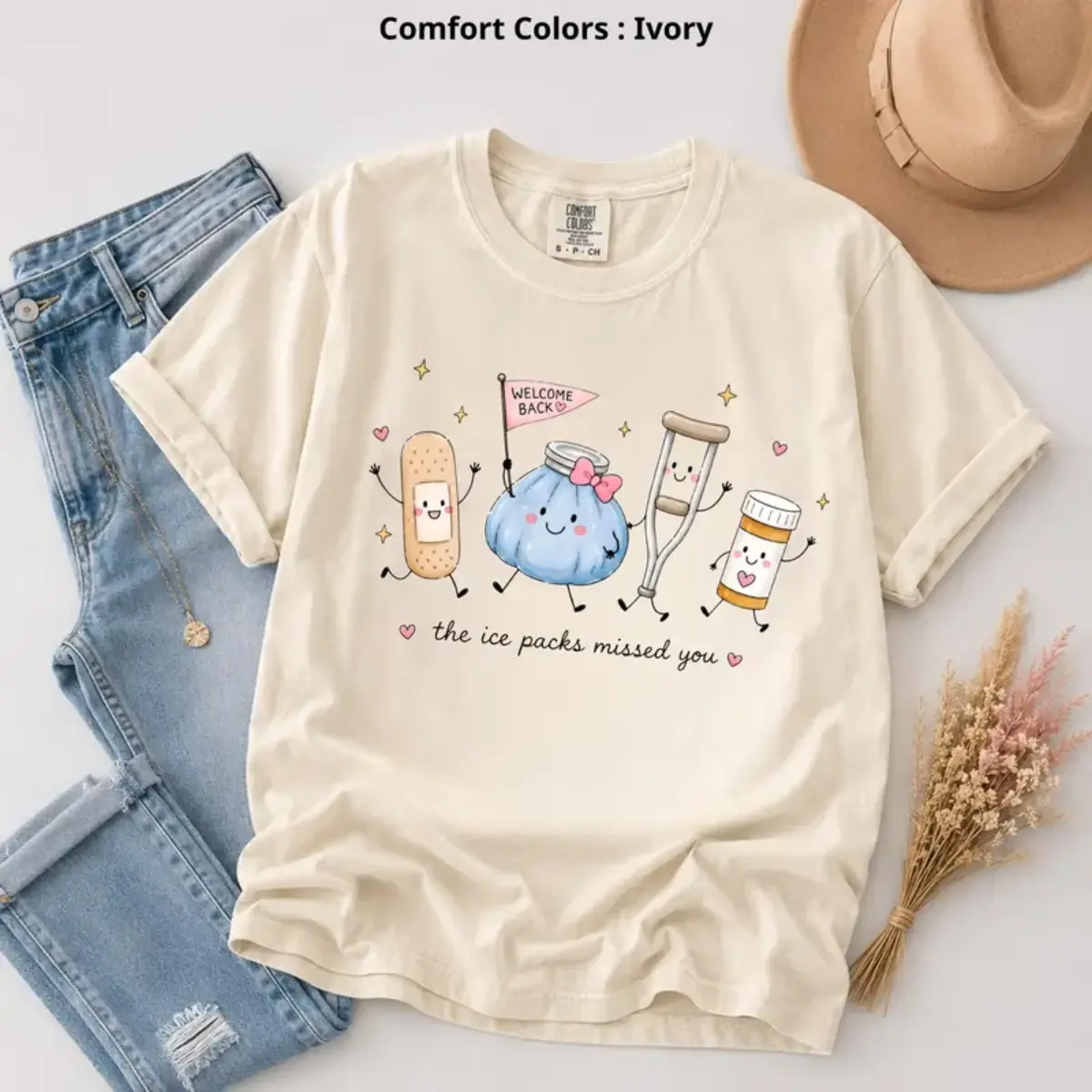 Comfort Colors School Nurse T-Shirt - Cute Bandage Ice Pack Crutch And Medicine Bottle Holding Welcome Back Flag Graphic , The Ice Packs Missed You Tee For Women , Back To School Nurse Outfit , Clinic Tee , Gift For School Nurses And Healthcare Staff