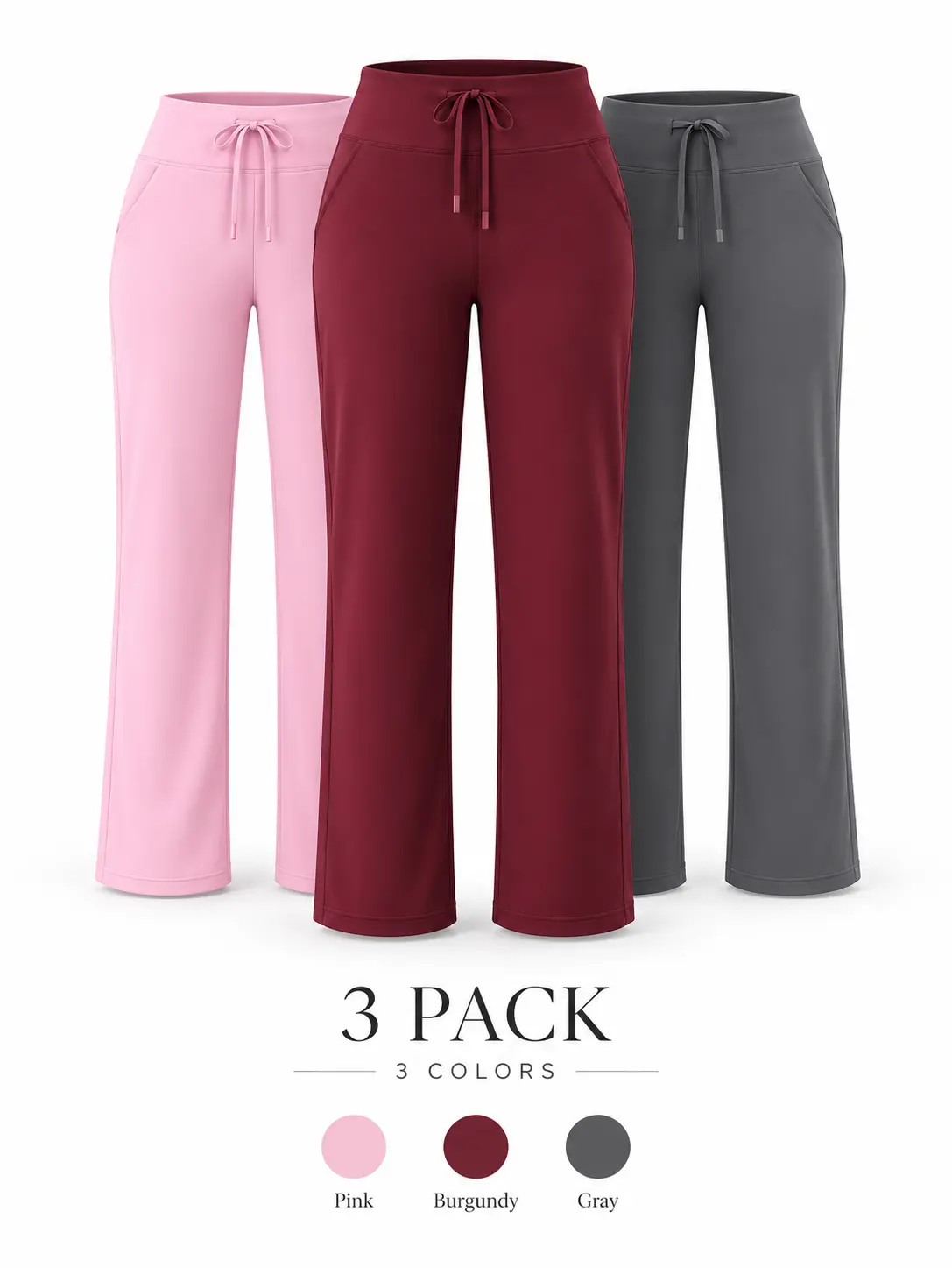 Women's High-Waisted Drawstring Lounge Pants 3 Pack, Casual Straight Leg Comfy Pants with Pockets, Soft Stretch