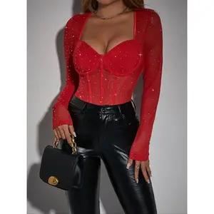 jean Women's Glitter Sequin Decor Sweetheart Neck Sheer Longsleeves Bodysuit, Elegant Long Sleeve Open Crotch Design Bodysuit for Party Holiday Vacation, Chic Ladies Clothes for All Seasons, Feminine Womenswear, Swimsuit Bodysuit