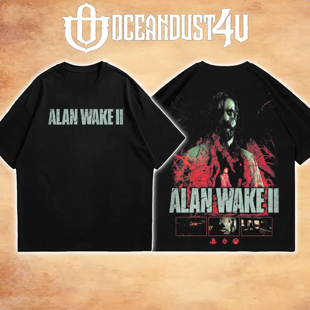 OceanMOB4U Alan Wake II Black T-Shirt, Alan Wake and Saga Anderson Front and Back Graphic Gaming Tee, Psychological Survival Horror Video Game Shirt, Unisex Gamer Gift