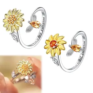 Sunflower Spinning Fidget Ring Anxiety Relief Finger Spinner with "You Are My Sunshine" Engraving for Granddaughter Gift