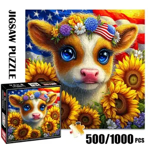 1pc 1000 piece adult puzzle 58x58cm Cute Calf with Flower Crown and American - Flag Element Surrounded by Sunflowers 500 pieces of paper puzzle, suitable for adults and families, large-scale DIY