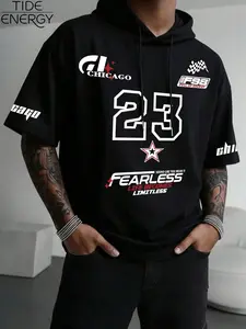 Street Style Short Sleeve Hoodie T-Shirt, Loose Fit, Chicago 23 & Fearless Print, Lightweight Casual Sweatshirt