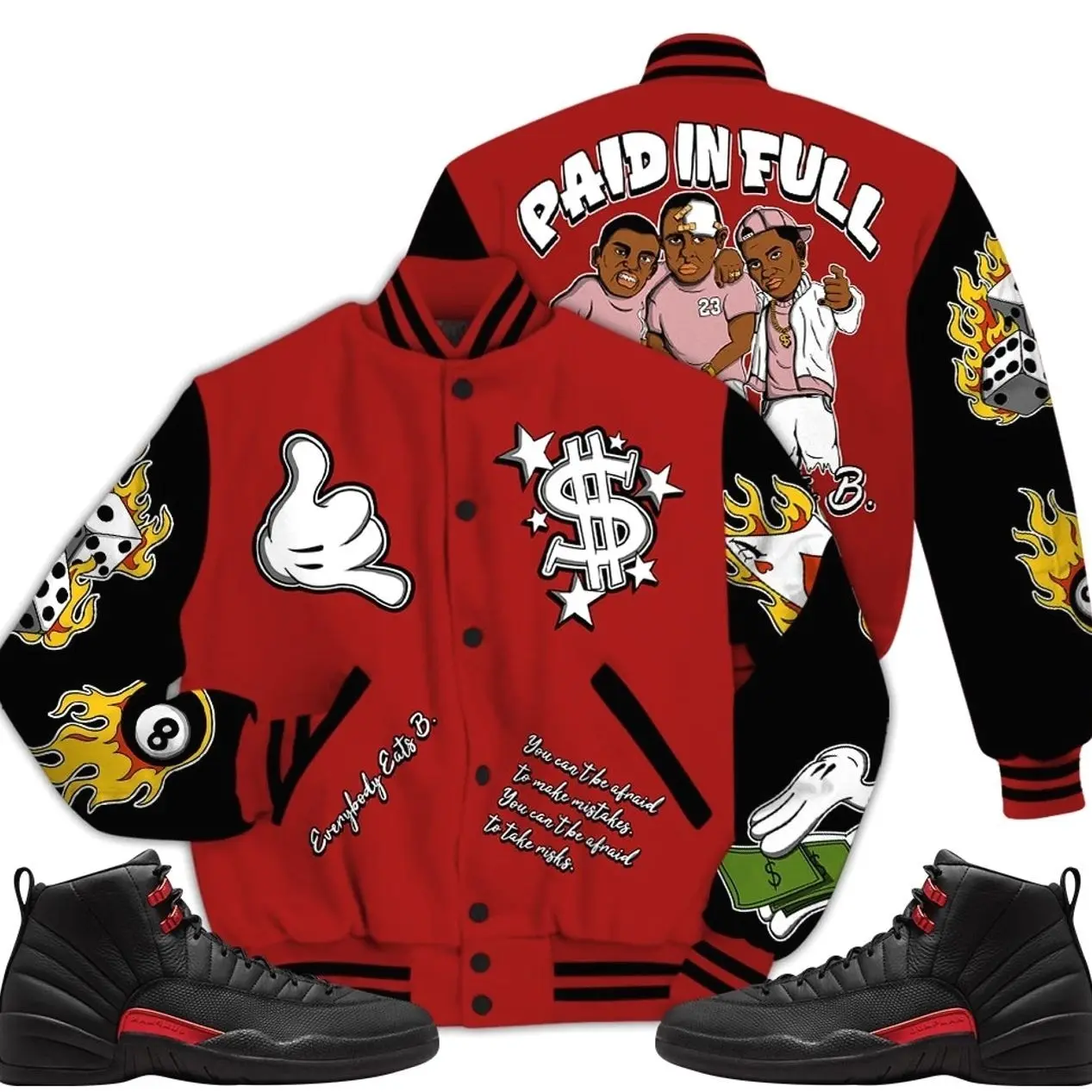 Bloodline 12s Outfit Varsity Jacket, Money Paid In Full Graphic Sneaker Color Match Shirts