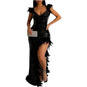 Women's Sexy Sequin Feather Prom Dress 2026 High Slit Deep V Neck Formal Gala Masquerade Maxi Dresses Ball Gown
