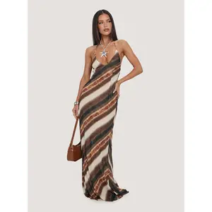 Esmira Halter Maxi Dress Brown Stripe