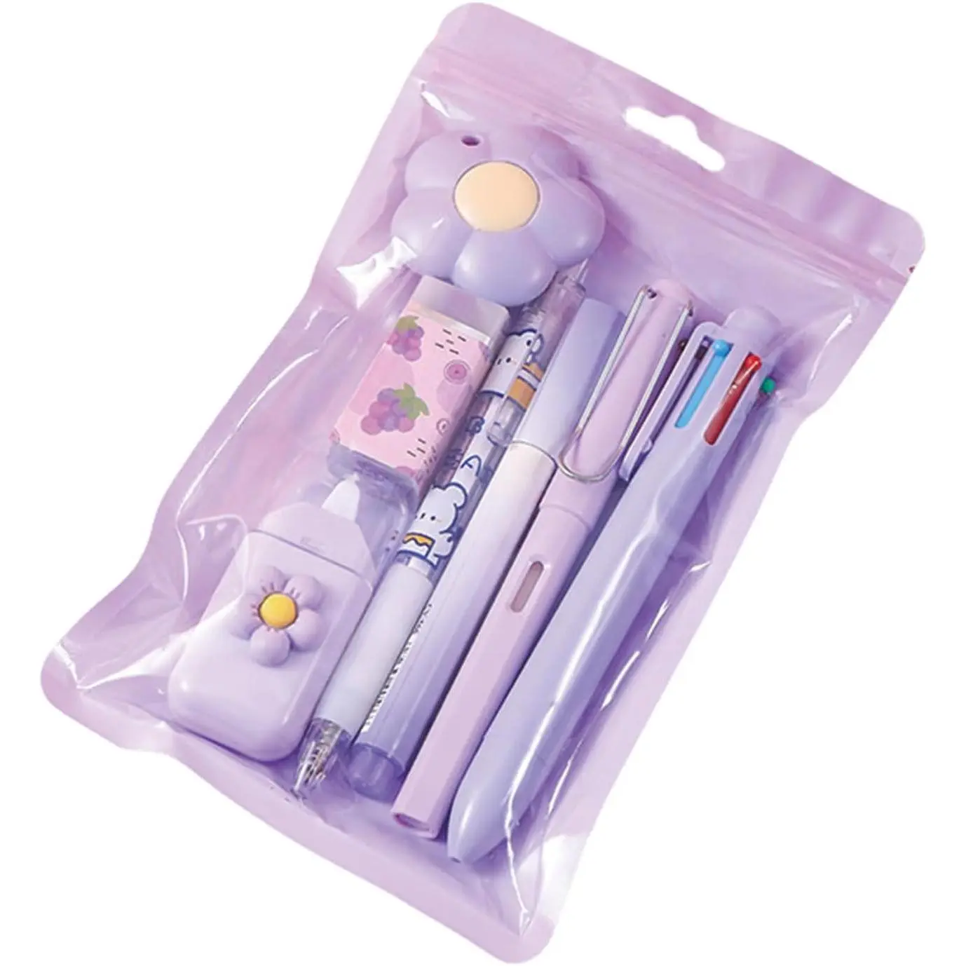Cute Purple Kawaii 7-Piece Office & School Plastic-Body Stationery Set - 6-in 1 Compatible, Includes Gel Pen, Ballpoint Pen, Pencil Sharpener, Highlighter, Correction Tape, Ruler, Utility Knife - Ideal for Back to School, Birthday, Christmas Gifts, Birthd