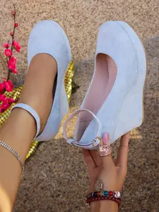 Velvet Mary Jane Heeled Wedge Sandals, Round Toe Design, Adjustable Anklet Strap, Daily Wear, Height-Boosting, Versatile Women's Shoes