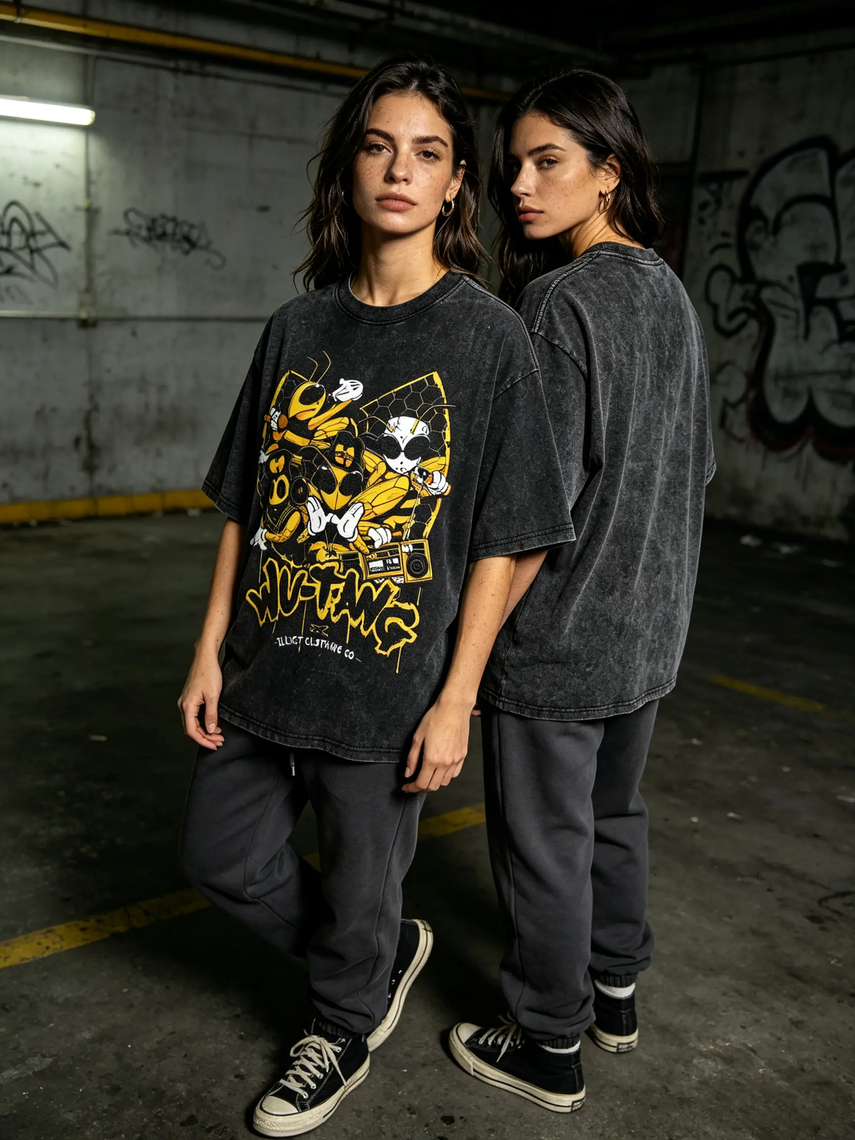 WU-TANG Edgy Hip Hop Style Mascot Unisex Vintage Graphic T-Shirt 90s Underground Hive Comic Cotton Acid Wash Oversized Graphic Tee Bold Yellow Graffiti Swarm Art Cool Cartoon Bee Characters Boombox Summer Streetwear Y2K Street Casual Outfit Workout Tops