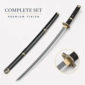 Anime One Piece Roronoa Zoro Enma Replica Katana, Full Size Blunt Serrated Blade, Black Wrapped Handle & Matching Black Sheath, Costume Prop For Halloween Comic Con Anime Collection toy knife