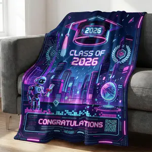 Class of 2026 Graduation Flannel Blanket, Vibrant Cyber City Print, Soft Warm Cozy Lightweight, Perfect Graduation Gift for Grads