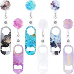 KC-XLL 6 Pcs Flat Bottle Openers Retractable Bar Keys for Bartenders Stainless Steel Beer Bottle Opener with Belt Clip and Round Badge Reel Bartender Gifts for Women Men(Leopard Style)