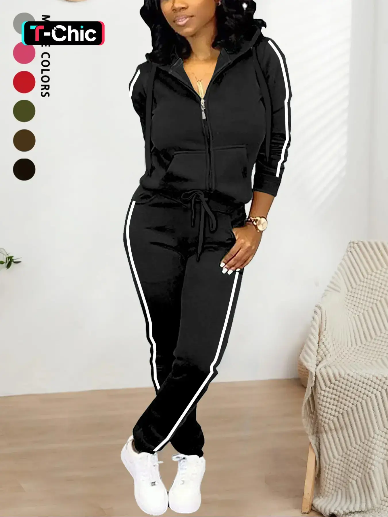 Women's Fall Winter Casual Basic Minimalist Fitted Matching Two-Piece Set, Solid Color Knit Hooded Zipper Long Sleeve Sweatshirt & Long Pants, Comfortable Daily Wear, Outfit, Womenswear, Clothes