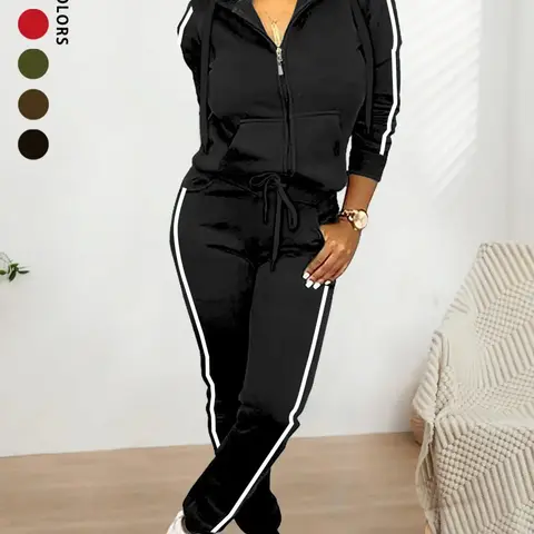 Women's Fall Winter Casual Basic Minimalist Fitted Matching Two-Piece Set, Solid Color Knit Hooded Zipper Long Sleeve Sweatshirt & Long Trouser Pants, Comfortable Daily Wear, Outfit, Womenswear, Clothes, Matching Sets