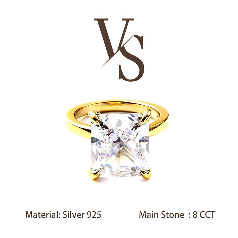 [Venus Jewelry] Lab Created Gemstone 8 CCT Radiant Cut Solitare Band Solid Silver 925 Sterling Ring