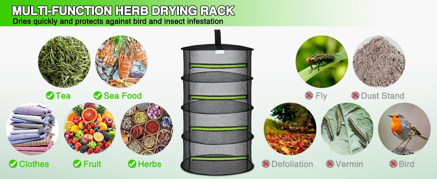 Yesker 4-Layer Hangable Herb Drying Rack, 23.6" Dia. Waterproof Synthetic Mesh Net, Foldable Heavy Load Plant Dryer with Green Zipper & Hook for Grow Tent, Garden Use, Water Proof, Multi-Layer