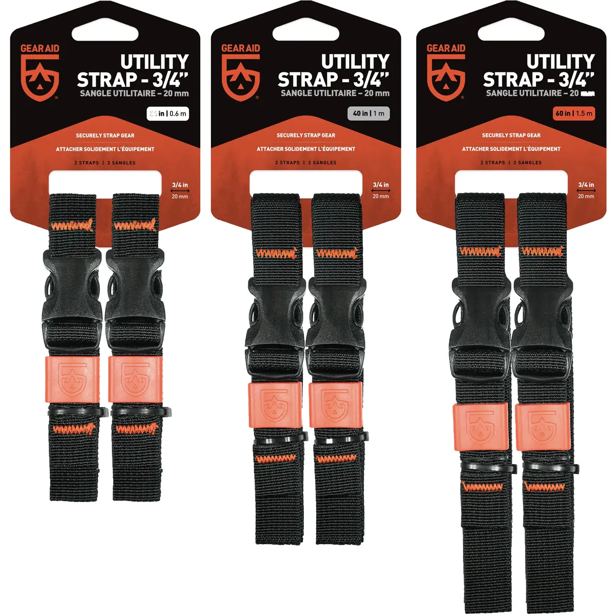 Gear Aid 3/4" Nylon Utility Straps, Durable Side-Buckled Adjustable Organizers for Outdoor Camping Gear, Black (24", 40", 60"), Adjustable Strap