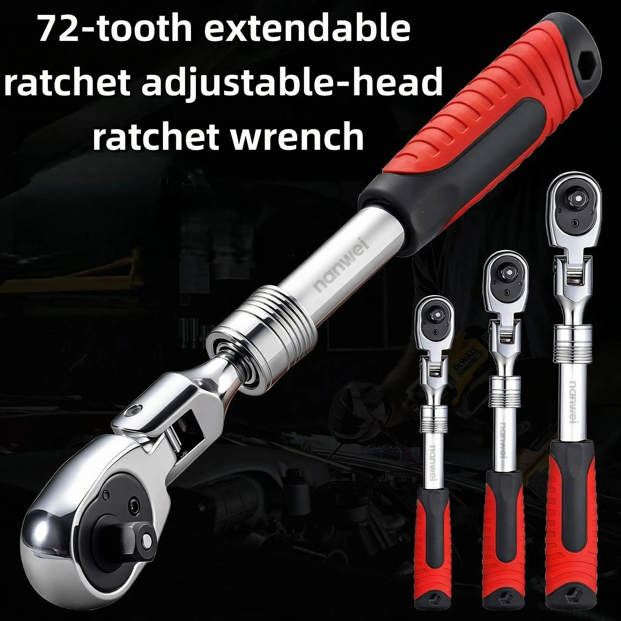 3-Piece Extendable Flex-Head Ratchet Set - 72-Tooth Telescopic, Reversible Quick-Release Socket Wrenches (1/4", 3/8", 1/2" Drive) Hand Tool for Auto Repair
