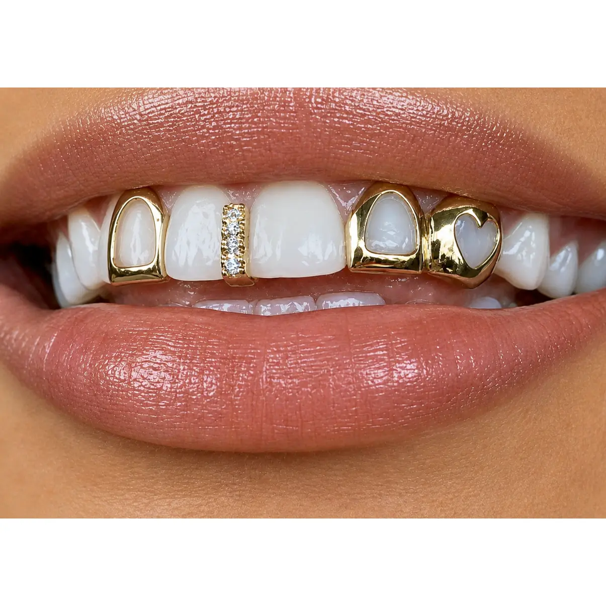 14K Gold Plated Open Face Heart, Open Cap & Iced Gap Teeth Grillz Set 3pc