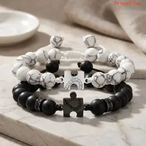 Couple Matching Two‑Half Heart Puzzle Bracelet Set Adjustable Black White Beaded Chain Trendy Relationship Friendship Jewelry Accessories