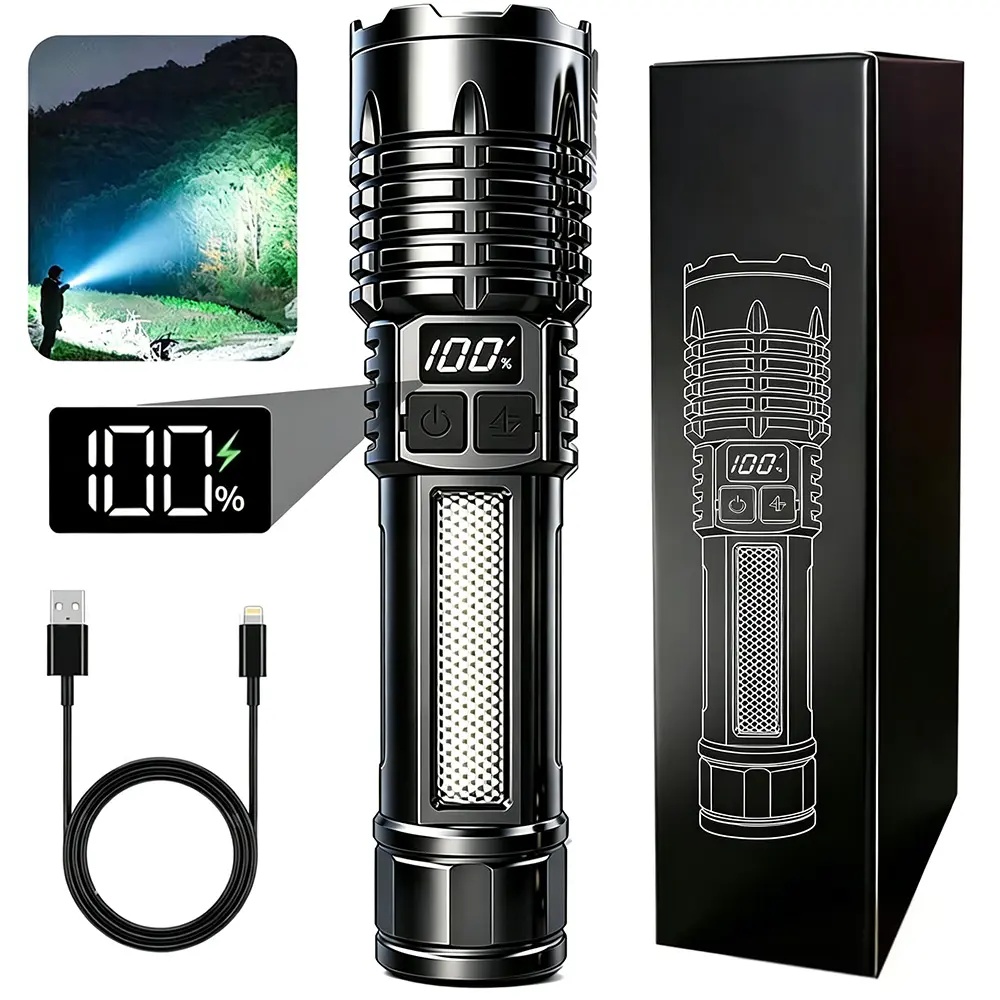 This Ultra-long-lasting High-intensity Flashlight Features 5 Adjustable Modes Super Bright Rechargeable with LCD Digital Display Powerful Handheld LED Flashlights Perfect For Outdoor Cycling And Exploration. It Makes A Great Gift For Men