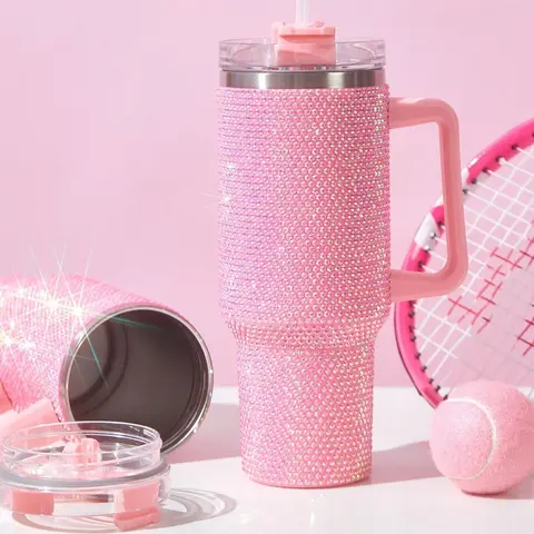 Stainless Steel Bathroom Tumbler - Stylish Modern 40oz Drinkware Tumbler, Rhinestone Decor Glitter Finish, Glitter Vacuum Insulation, Sturdy Body, Portable Handle & Straw, 1,000-2,000 ml, for Home, Office Desk, Outdoor Camping