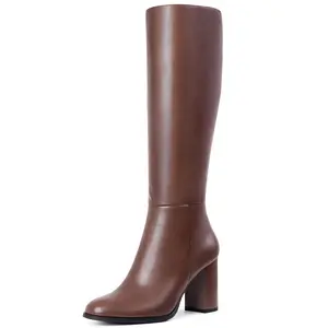 Women’s Brown Knee High Leather Boots Chunky Block Heel Boots Stylish & Comfortable Fall/Winter Footwear for Daily Wear