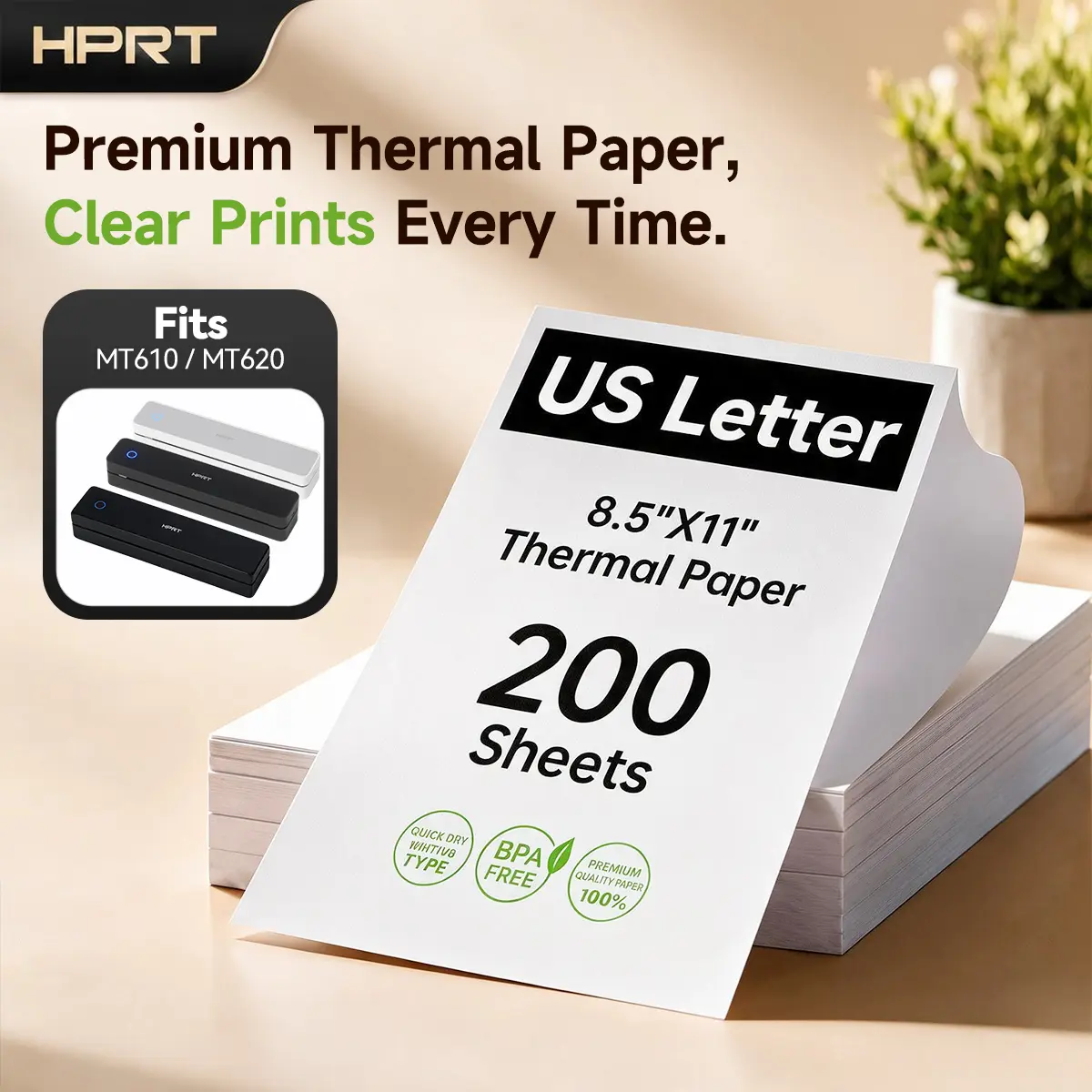 HPRT Thermal Paper - 8.5in x 11in US Letter Size, 200 Sheets of Paper, Single-Sided, Waterproof, Continuous Folding, for Inkless Portable Thermal Printers, Back-to-School College Office Supplies