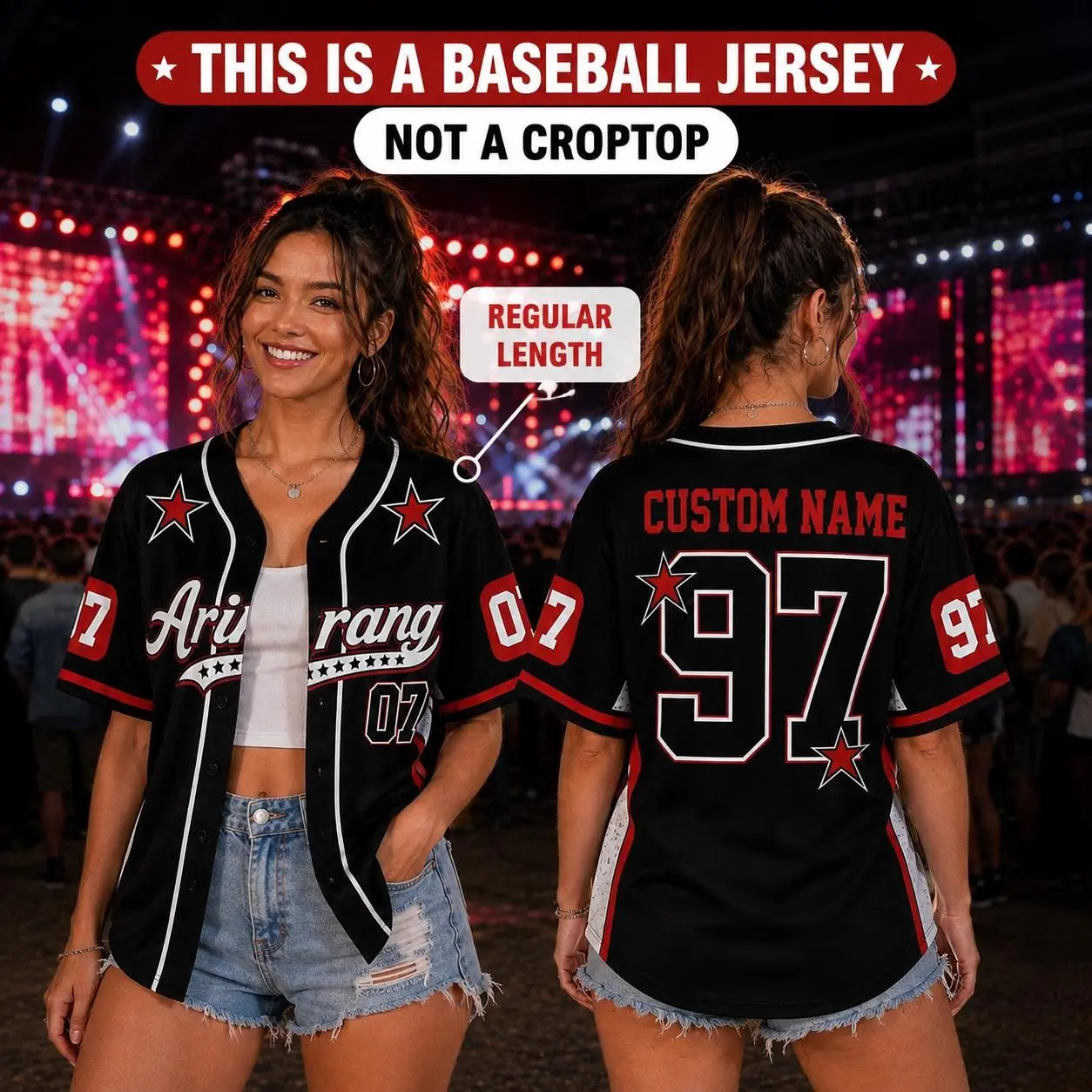 Personalized Black Red K-Pop Baseball Jersey, Custom Name Number Concert Shirt, Tour Music Festival Fan Outfit