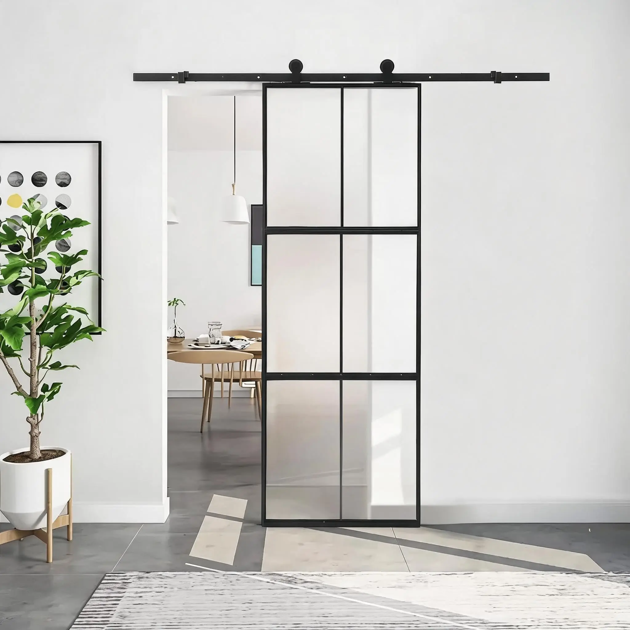 Garvee 36x84 In Frosted Look Tempered Glass Barn Door, Top-Mounted Black Carbon Steel Sliding Door with Full Kit, Soft Close Mechanism & Easy Assembly for Bathroom, Bedroom
