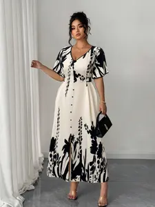 Plus Size Abstract Botanical Print Maxi Dress for Women, V Neck Short Sleeve Button Front Belted High Slit Flowy Long Dresses, Casual Party Wear Womenswear