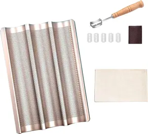 3-Groove Carbon Steel Baguette Baking Kit with Lame & Proofing Cloth, Air Vented French Bread Tray for Homemade Artisan Loaves