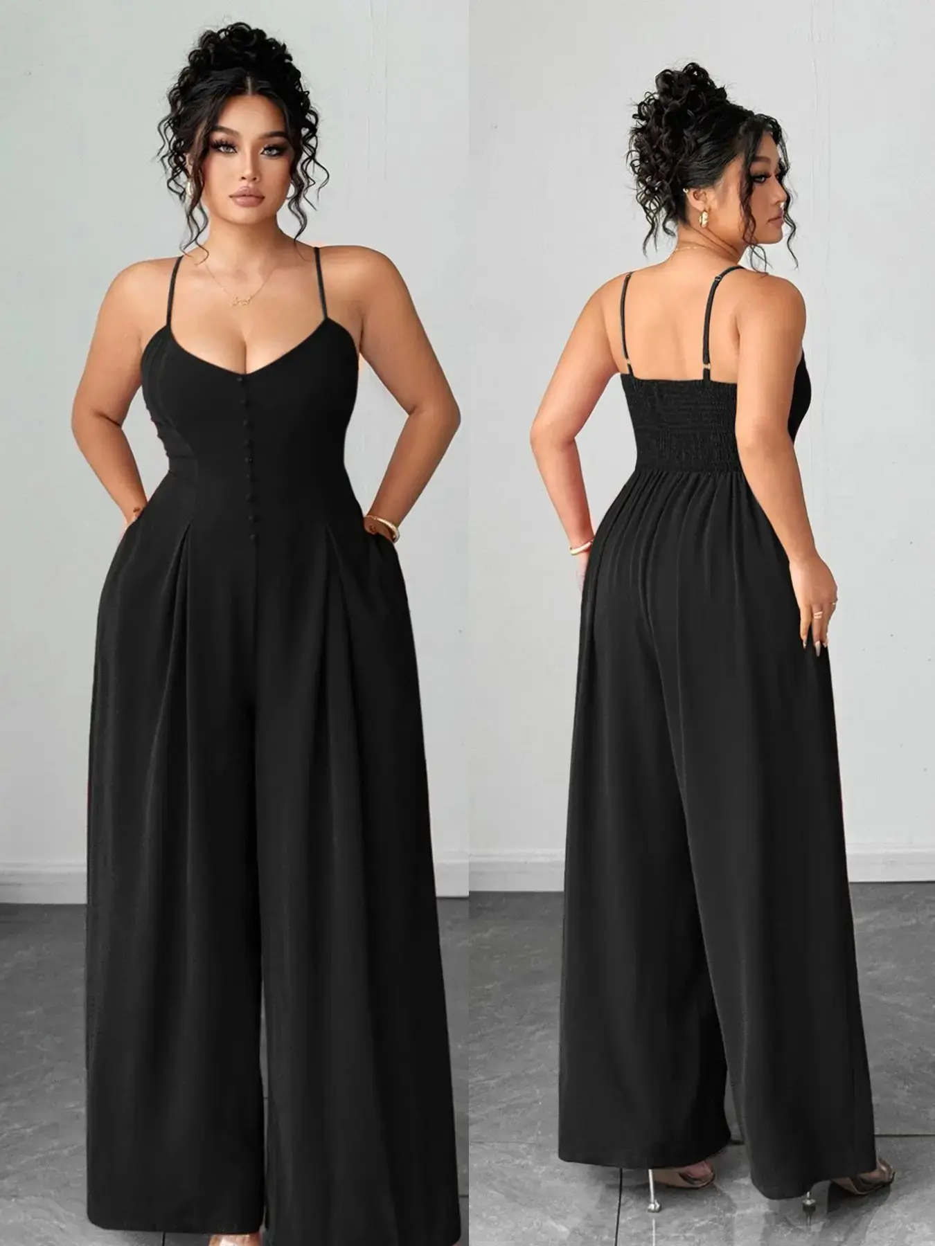 Women's Chic Wide-Leg Jumpsuit with Pleated Waist and Fitted Cut, Solid Color with Buttoned Straps and Pockets, Machine Wash