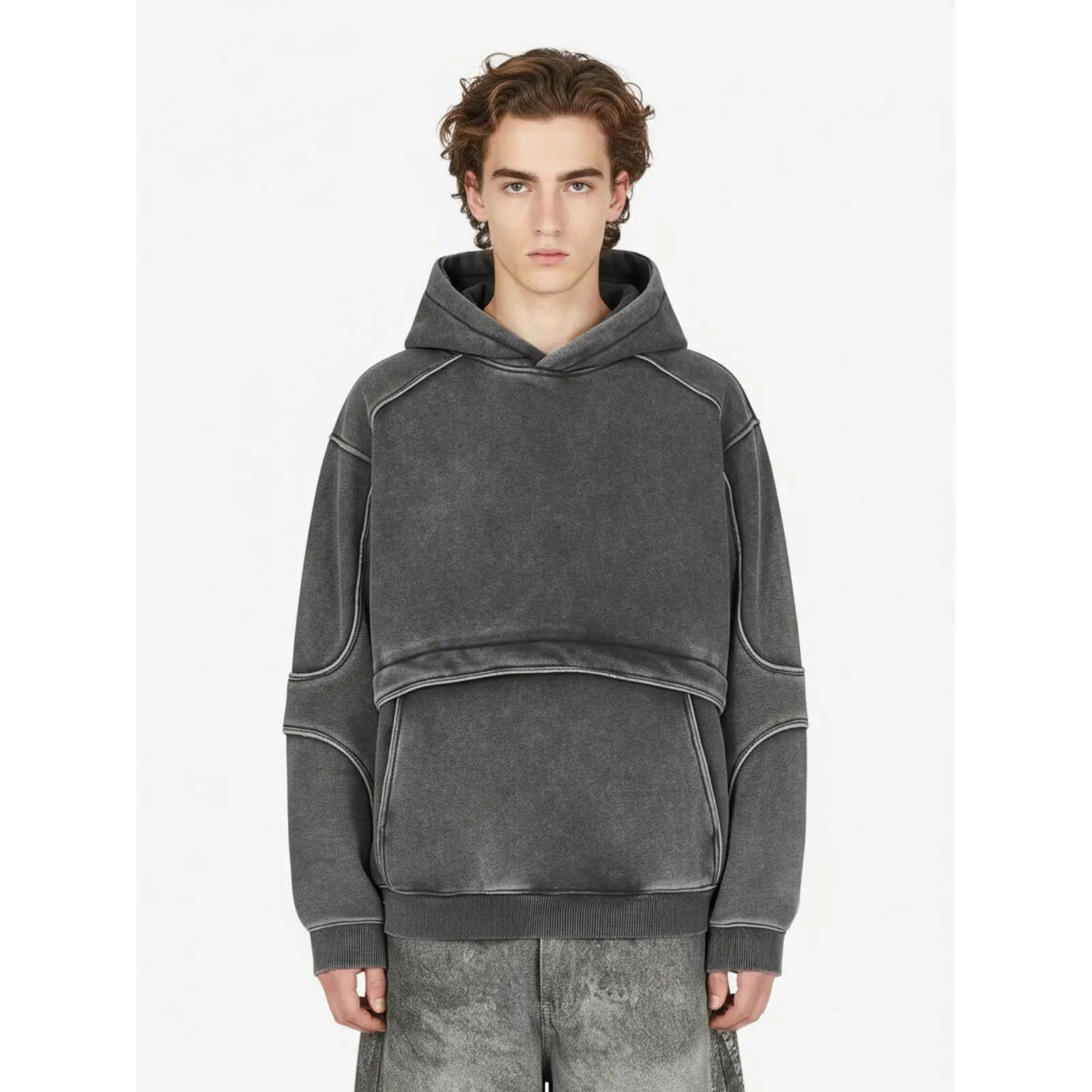 Supermade Men's Retro Deconstructed Patchwork Hoodie with Contrast Stitching, Washed Relaxed Fit Sweatshirt with Pocket, Tops, Sweatshirts