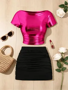 Women's Stylish Glossy Short Top & Slim-Fit Skirt Set Trendy spring and summer essential, perfect for work, home, daily casual, vacation, parties, dates, cocktail events, banquets, concerts and various occasions.