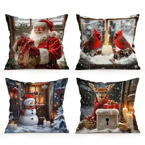 4pcs Santa and Reindeer Pattern Cushion Covers, Single-Sided Print, Home Decor for Living Room Bedroom, All Seasons, No Insert Included