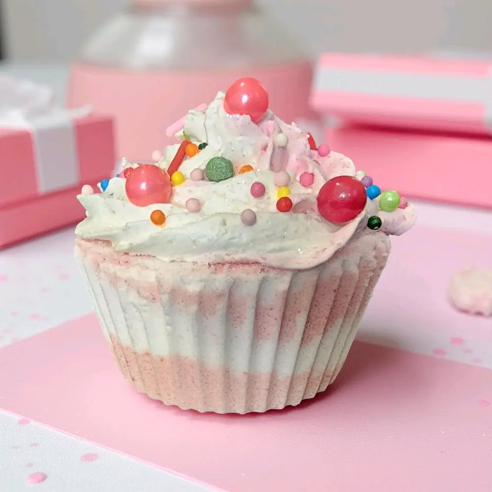 Bubble Gum Cupcake Bath Bomb - Sweet Treat Design with  Exfoliating Body Wash Frosting Colorful Sprinkles and Candy Topping