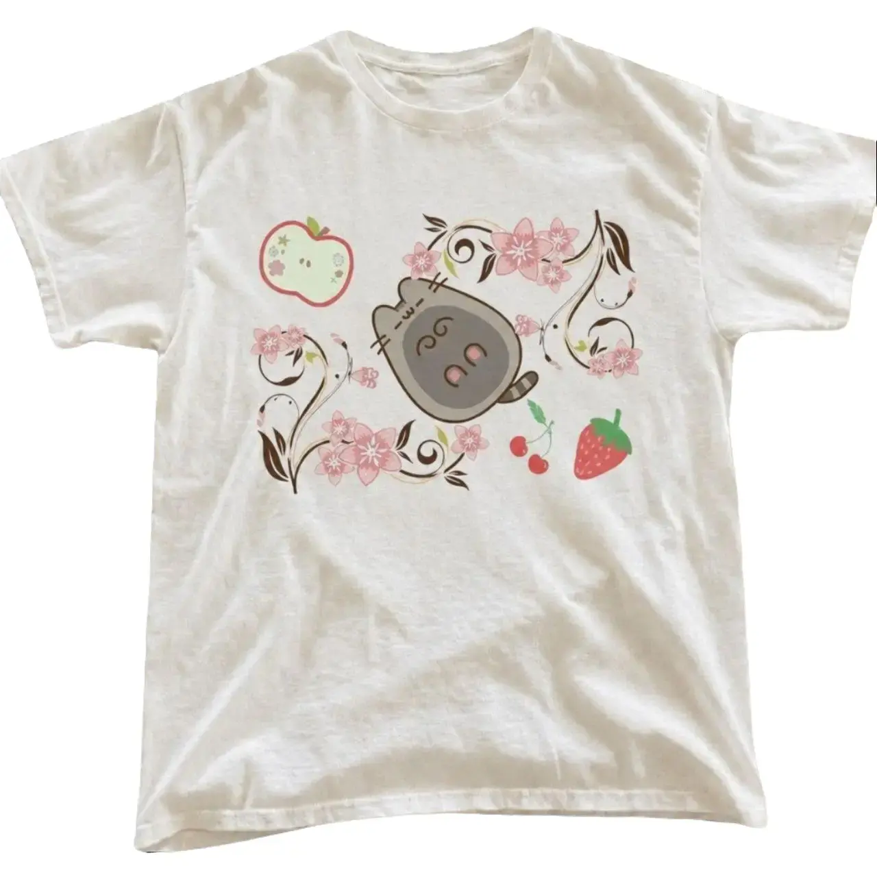 Pusheen Cherry Blossom T-Shirt, Cute Kawaii Cat Fruit Graphic Tee, Strawberry Apple Cherry Shirt, Japanese Spring Aesthetic Top, Gift for Cat Lovers