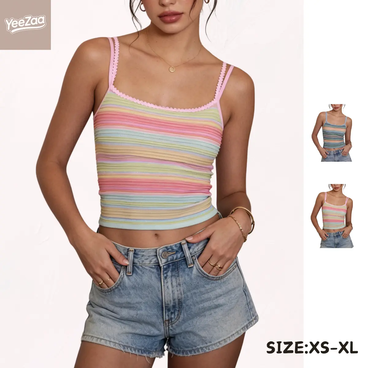 YeeZaa Rainbow Striped Tank Tops Cropped Sparkle Tank for Women 2026 Summer 4th of July Holiday Gradient Low Cut Vibrant Stripes Cami Top Adjustable Double Strap Knitted Striped Spaghetti Strap Camisole Y2k Tight Vest Beach Vacation Outfit