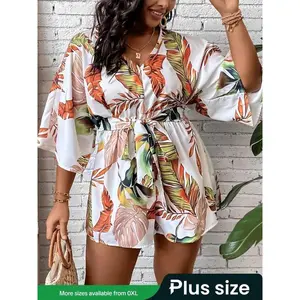 ��Plus Size��Women's Tropical Leaf Print V Neck Romper, Boho Bohemian Loose Fitted Tie Front Zipper Back Romper, Women's Plus Clothes for Summer, Womenswear, Vneck, Lady Casual Romper