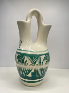 Navajo Vase Handcrafted Ceramic 10-inch Wedding Vase with Green White Geometric Design for Home Decor and Floral Display