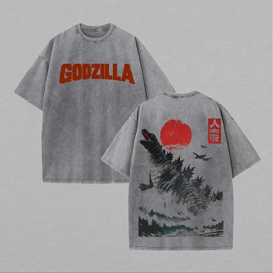 Men's Vintage Godzilla Graphic Short-Sleeve T-Shirt - Distressed Washed Cotton Round Neck Streetwear Top, Suitable for Cold Wash, Japanese Streetwear Men's Short-Sleeve T-Shirts, Mecha Godzilla Graphic Men's Short-Sleeve T-Shirts