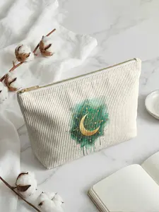Moon Printed Corduroy Makeup Bag, Cartoon Style, Cute Lightweight Multi-Functional Fashion Casual Cosmetic Pouch, Travel Organizer, Zip