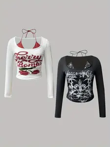 New Fashion Elegant Aesthetic Y2K Style Halter Neck Lace Patchwork Printed Long Sleeve Top Set, Perfect for Dates and Parties, Spring Wear