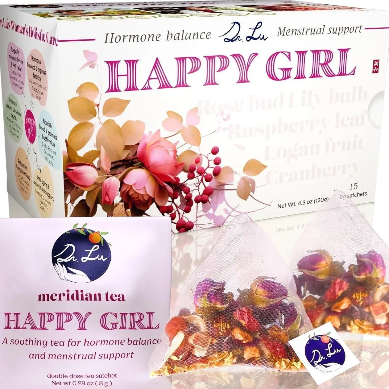 Dr. Lu's Happy Girl Tea | 100% Natural Herbal Tea for Hormone Balance, Menstrual, PMS, PCOS & Menopause | Antioxidant & Anti-Aging Rose Tea with Raspberry Leaf, Cranberries, Goji Berries & More