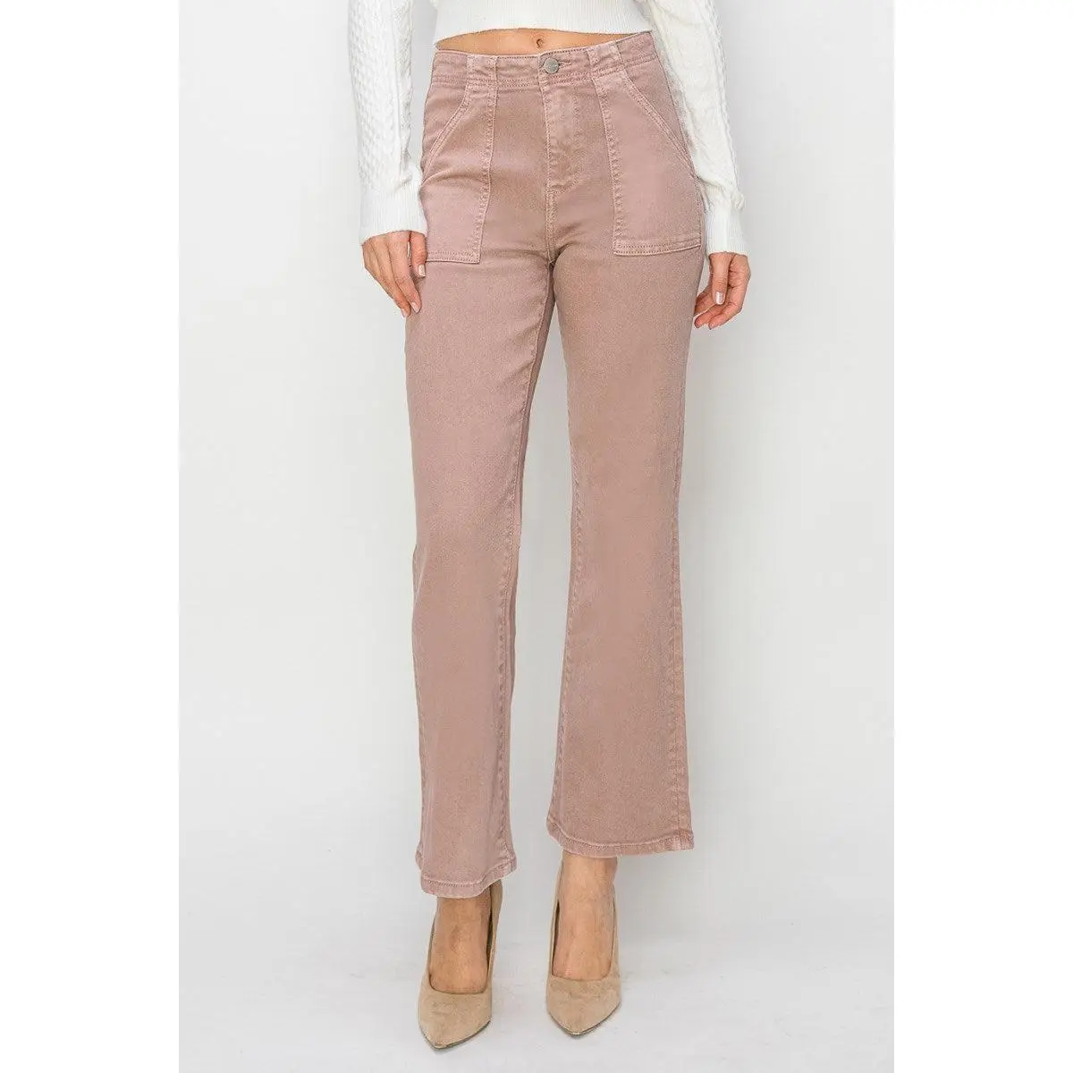Risen Mauve High Rise Patch Pocket Ankle Flare Jeans