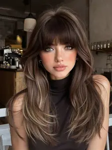 Fashionable New 24 Inch Long Wavy Large Scalp Area Brown Wigs with Bangs and Highlights Synthetic Material Wigs Women's Wigs Suitable for Work, Life, Dance Parties and All Occasions