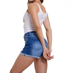 VOSSMARY Women’s Low Waisted Distressed Stretch Denim Shorts, Slim Fit Ripped Jean Shorts with Rolled Cuffed Hem, Soft Breathable Cotton Blend, 5-Pocket Mid Wash Shorts with Zipper Closure