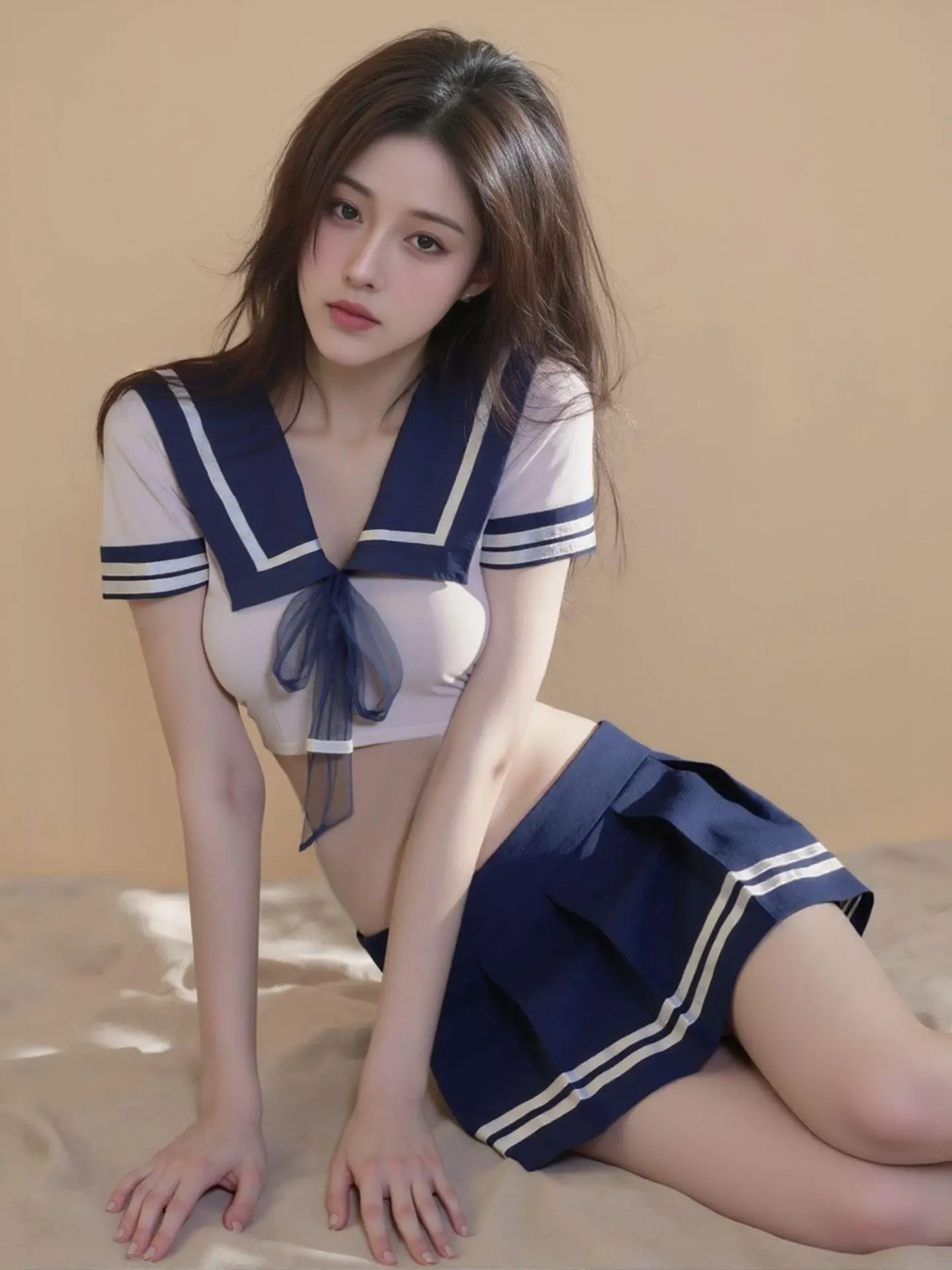 Women's Japanese Mermaid 2-Piece Costume Set - Affordable Fashion Women's Clothes, Navy Blue Short-Sleeved Top, High-Waisted Mini Skirt, Academic-Style Ribbon Bow Tie, Lingerie-Inspired Outfit